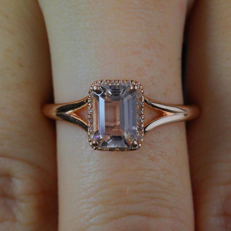 Sale: 1.25 Carat Peach Pink Morganite and Diamond Split Shank Halo Engagement Ring in 10k Rose Gold