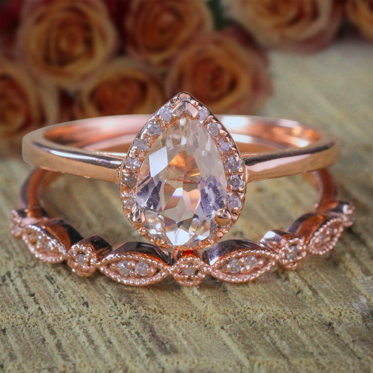 2 carat Pear shape Morganite and Diamond Halo Bridal Wedding Ring Set Antique Design 