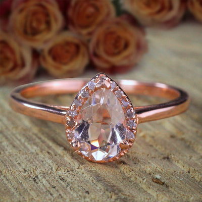 1.25 Carat Pear cut Solitaire Morganite and Diamond Halo Engagement Ring 10k Rose Gold on Sale