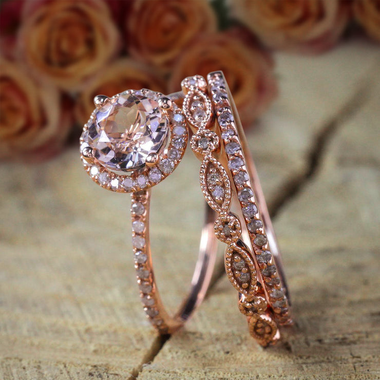 2 carat Morganite Diamond Trio Ring Set 10k Rose Gold, 1 Halo Engagement Ring and 2 Wedding Bands