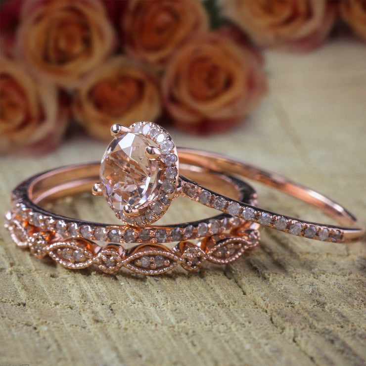 2 carat Morganite Diamond Trio Ring Set 10k Rose Gold, 1 Halo Engagement Ring and 2 Wedding Bands