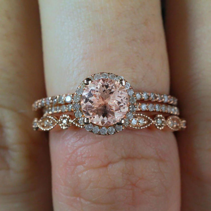 2 carat Morganite Diamond Trio Ring Set 10k Rose Gold, 1 Halo Engagement Ring and 2 Wedding Bands