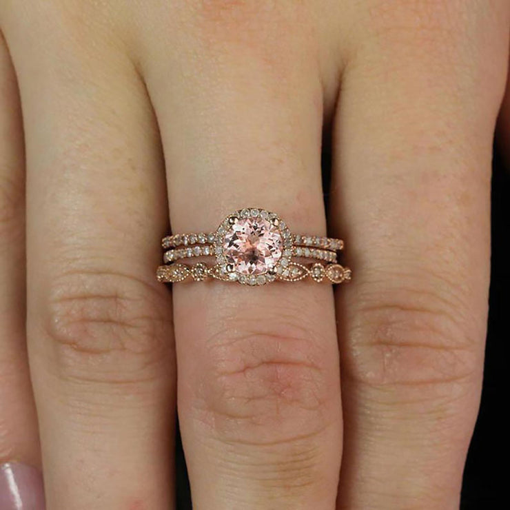 2 carat Morganite Diamond Trio Ring Set 10k Rose Gold, 1 Halo Engagement Ring and 2 Wedding Bands