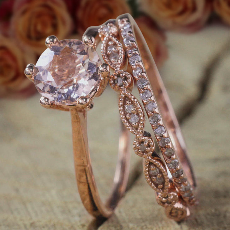 Bestseller 2 carat Morganite and Diamond Trio Ring Set in 10k Rose Gold