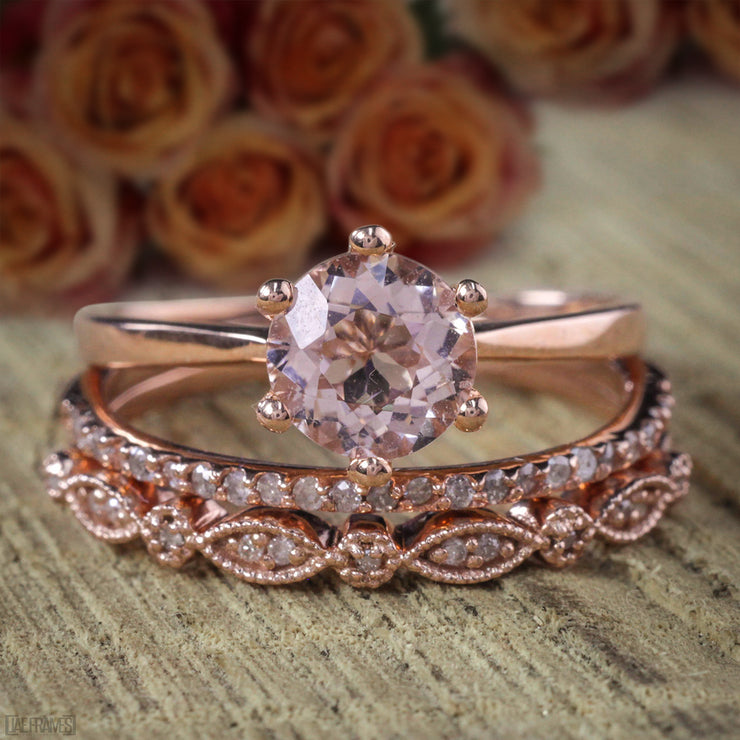 Bestseller 2 carat Morganite and Diamond Trio Ring Set in 10k Rose Gold