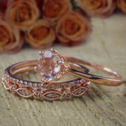 Bestseller 2 carat Morganite and Diamond Trio Ring Set in 10k Rose Gold