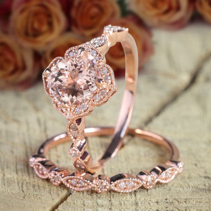 Limited Time Sale 2 carat Round Cut Morganite and Diamond Halo Bridal Wedding Ring Set 10k Rose Gold