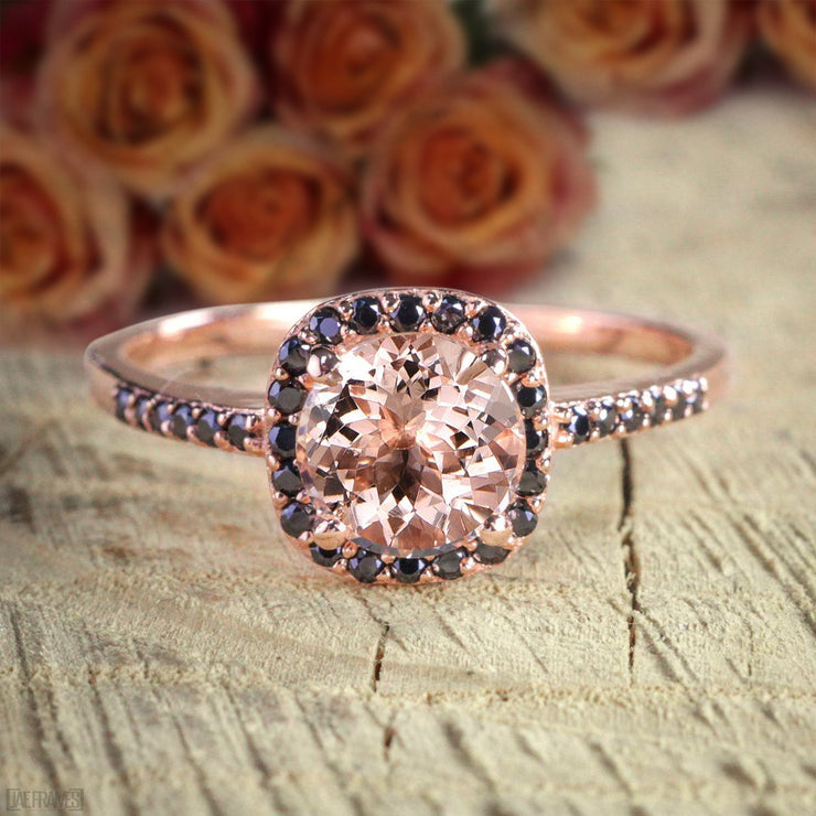 Limited Time Sale: 1.25 Carat Round Cut Morganite and Black Diamond Engagement Ring in 10k Rose Gold