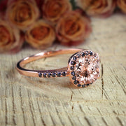 Limited Time Sale: 1.25 Carat Round Cut Morganite and Black Diamond Engagement Ring in 10k Rose Gold