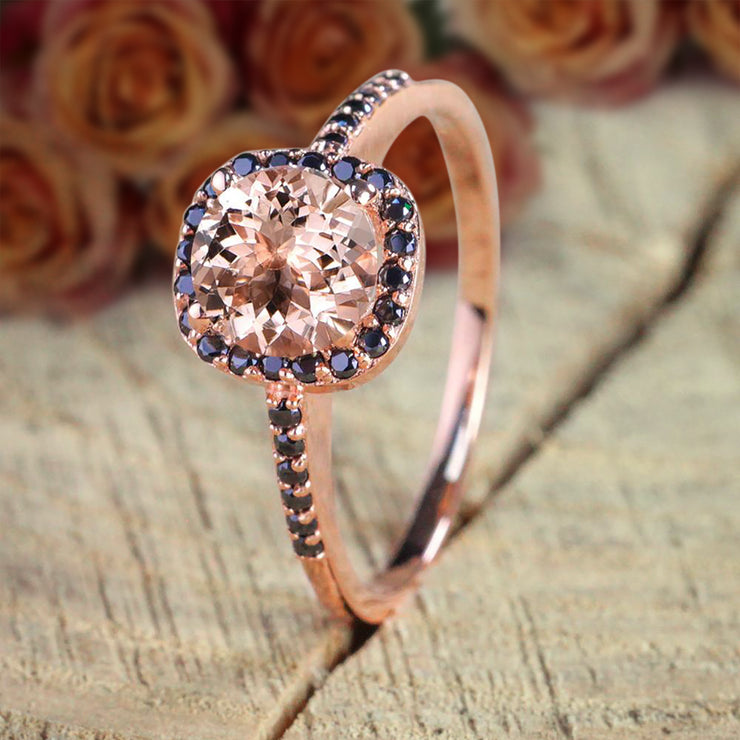 Limited Time Sale: 1.25 Carat Round Cut Morganite and Black Diamond Engagement Ring in 10k Rose Gold