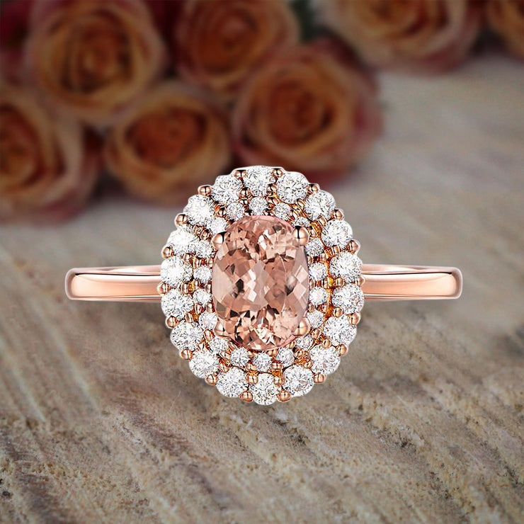 Limited Time Sale Double Halo 1.50 carat Morganite and Diamond Engagement Ring in 10k Rose Gold