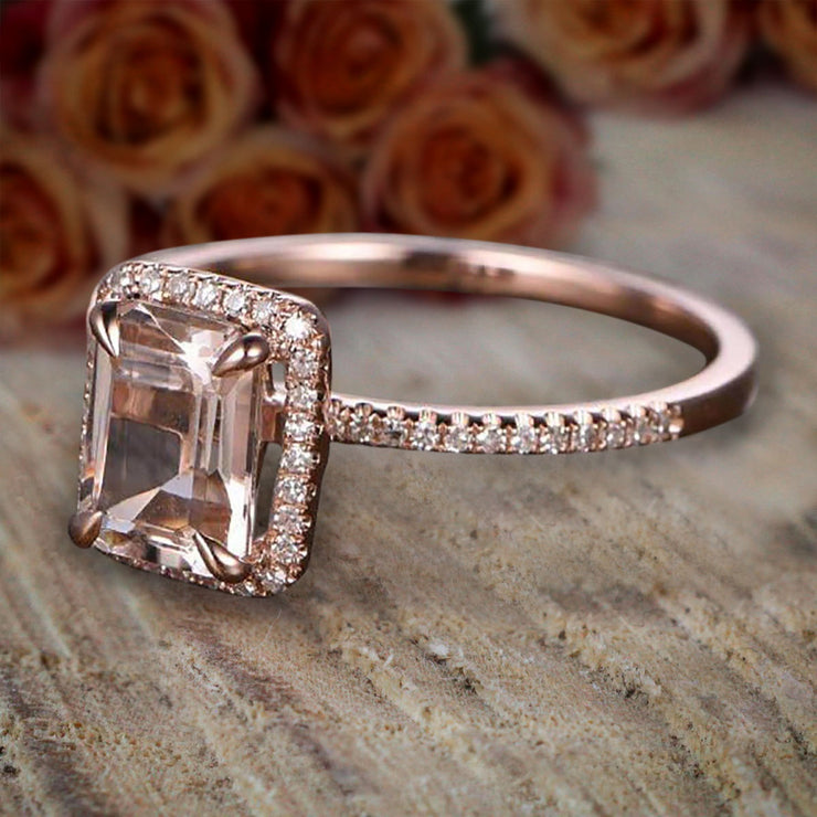 1.50 Carat Peach Pink Morganite (emerald cut Morganite) Diamond Halo Engagement Ring 10k Rose Gold