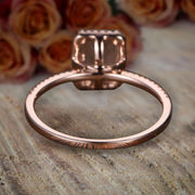 1.50 Carat Peach Pink Morganite (emerald cut Morganite) Diamond Halo Engagement Ring 10k Rose Gold