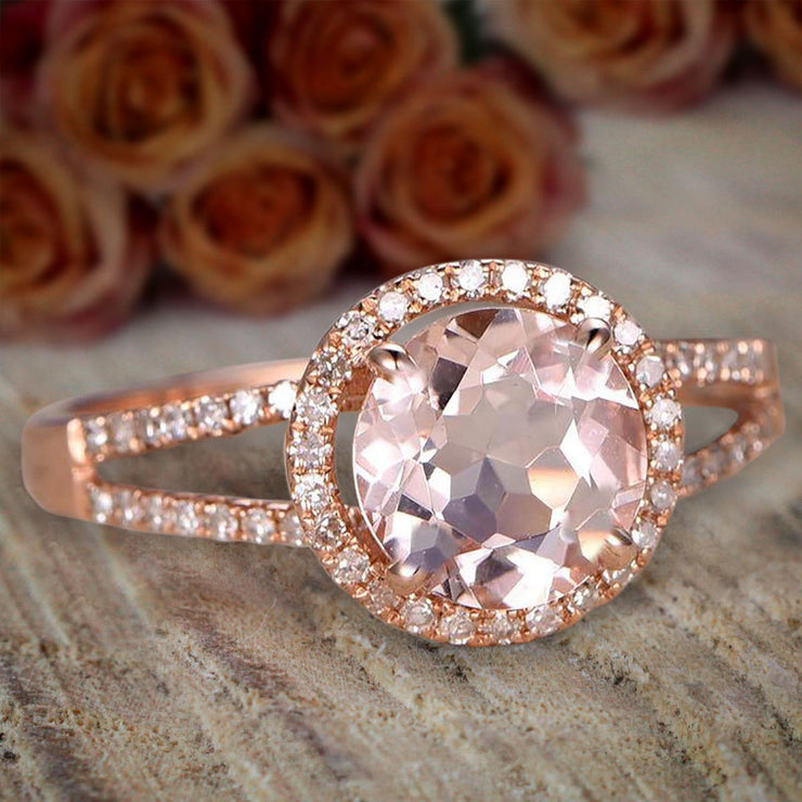 Limited Time Sale Antique Halo 1.50 carat Morganite and Diamond Halo Engagement Ring 10k Rose Gold