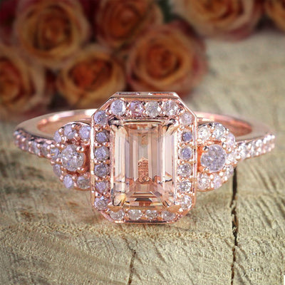 Limited Time Sale 1.25 Carat Morganite (emerald cut Morganite) Diamond Engagement Ring 10k Rose Gold
