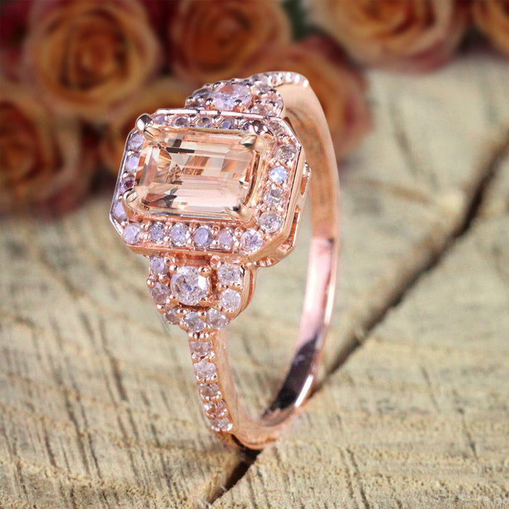 Limited Time Sale 1.25 Carat Morganite (emerald cut Morganite) Diamond Engagement Ring 10k Rose Gold