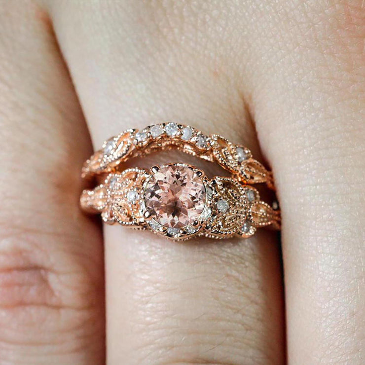 Limited Time Sale 1.50 carat Round Cut Morganite Diamond Halo Bridal Wedding Ring Set in Rose Gold