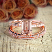 Sale 2 carat Morganite and Diamond 3 Rings Set 10k Rose Gold, 1 Engagement Ring and 2 Wedding Bands