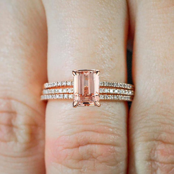 Sale 2 carat Morganite and Diamond 3 Rings Set 10k Rose Gold, 1 Engagement Ring and 2 Wedding Bands