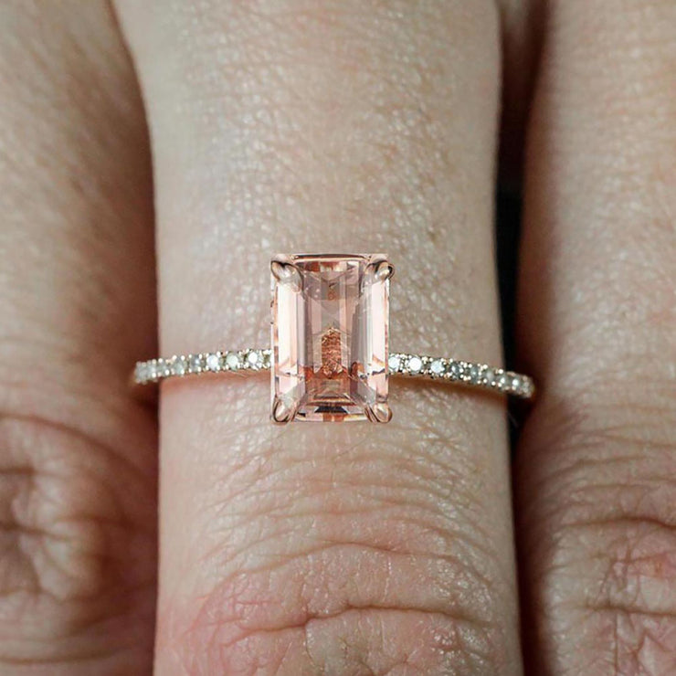 1.50 Carat Peach Pink Morganite (emerald cut Morganite) and Diamond Engagement Ring in 10k Rose Gold