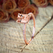1.50 Carat Peach Pink Morganite (emerald cut Morganite) and Diamond Engagement Ring in 10k Rose Gold