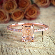 1.50 Carat Peach Pink Morganite (emerald cut Morganite) and Diamond Engagement Ring in 10k Rose Gold