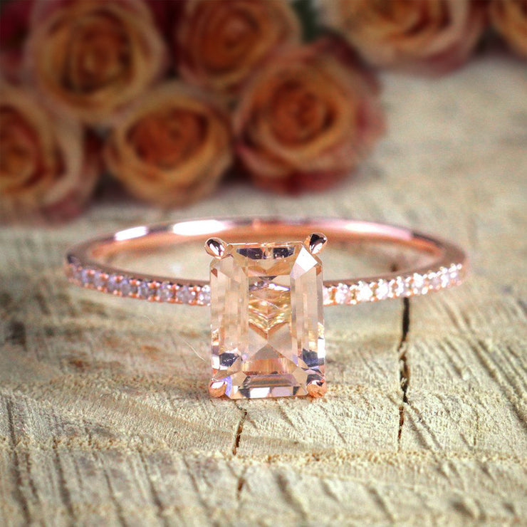1.50 Carat Peach Pink Morganite (emerald cut Morganite) and Diamond Engagement Ring in 10k Rose Gold