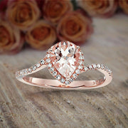 1.25 Carat Peach Pink Morganite (pear cut Morganite) and Diamond Engagement Ring 
