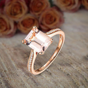 1.25 Carat Peach Pink Morganite (emerald cut Morganite) and Diamond Engagement Ring in 10k Rose Gold