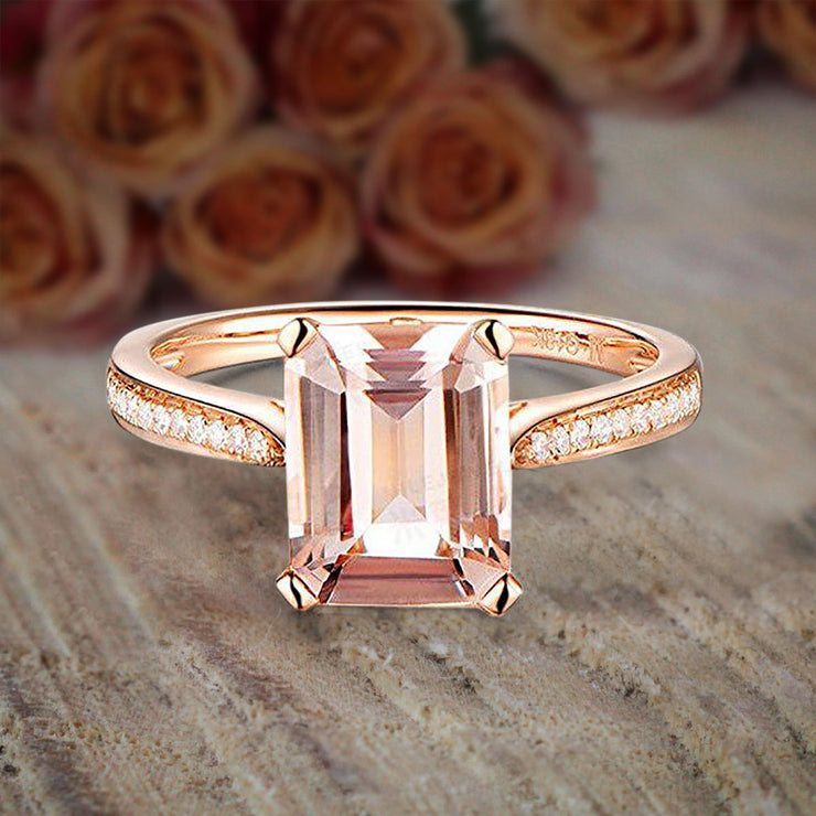 1.25 Carat Peach Pink Morganite (emerald cut Morganite) and Diamond Engagement Ring in 10k Rose Gold