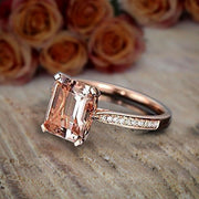 1.25 Carat Peach Pink Morganite (emerald cut Morganite) and Diamond Engagement Ring in 10k Rose Gold