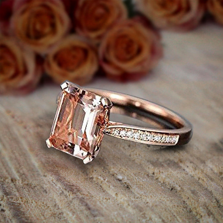 1.25 Carat Peach Pink Morganite (emerald cut Morganite) and Diamond Engagement Ring in 10k Rose Gold