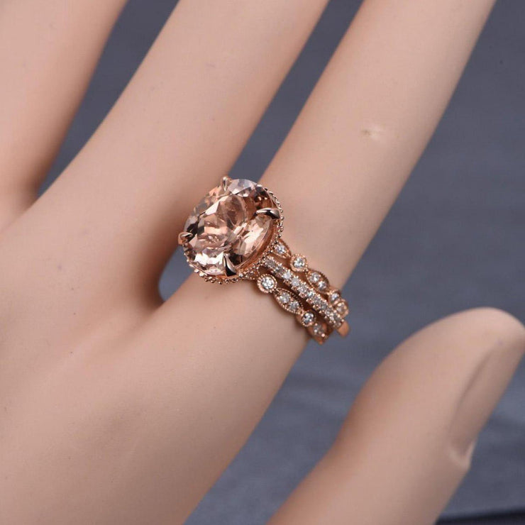 Limited Time Sale 2 carat Morganite and Diamond Trio Ring Set with One Engagement Ring and 2 Wedding Bands