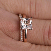 1.25 Carat Princess Cut Morganite and Diamond Engagement Bridal Wedding Ring Set in 10k Rose Gold