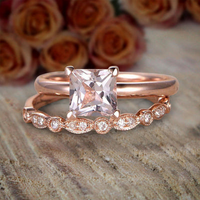 1.25 Carat Princess Cut Morganite & Diamond Engagement Bridal Wedding Ring Set Sale