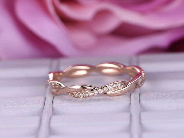 0.50 Carat 10k Rose Gold Wedding Band with Diamonds Anniversary Ring Stackable Twisted Band