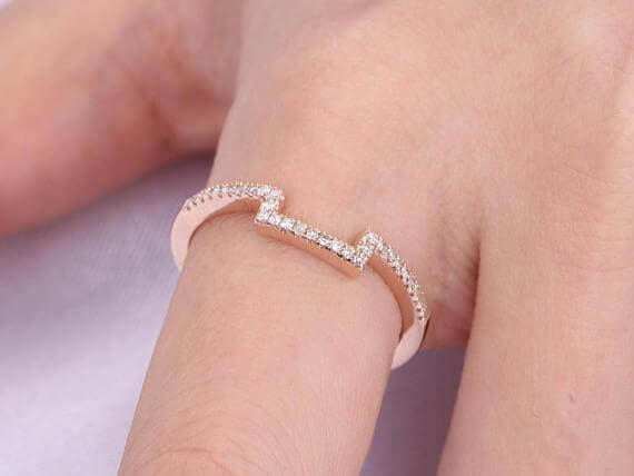 0.50 Carat 10k Rose Gold Wedding Band with Diamonds Anniversary Ring Curved Stretch Design Antique Style Band