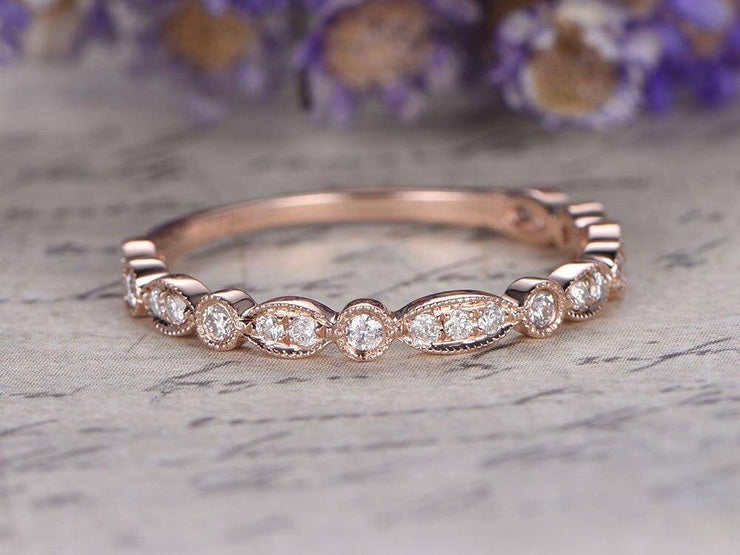 0.25 Carat Wedding Band Flower Design Antique Style in Solid 10k Rose Gold