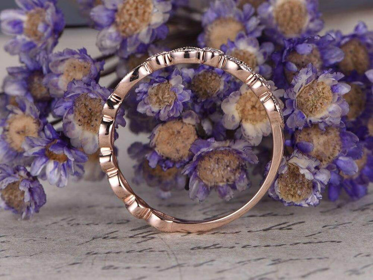 0.25 Carat Wedding Band Flower Design Antique Style in Solid 10k Rose Gold