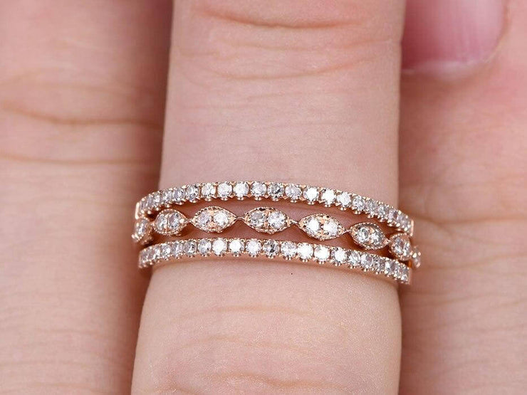 1.50 Carat 3 wedding Ring set Wedding Band Stackable Ring set 10k Rose Gold