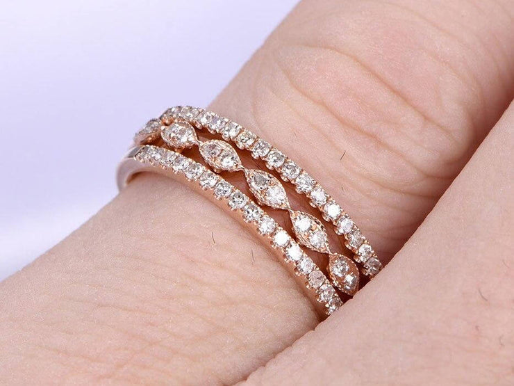 1.50 Carat 3 wedding Ring set Wedding Band Stackable Ring set 10k Rose Gold