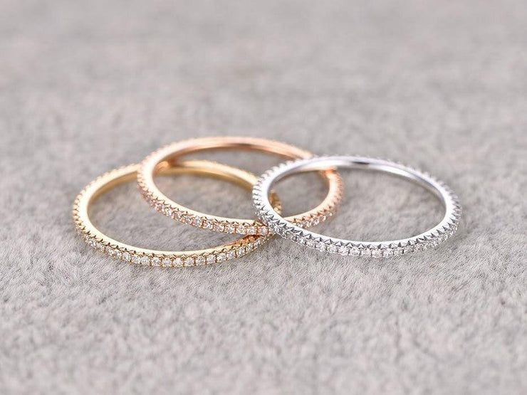 1.50 Carat 3 wedding Ring set Straight Wedding Band Stackable Ring set 10k Rose Gold and White Gold