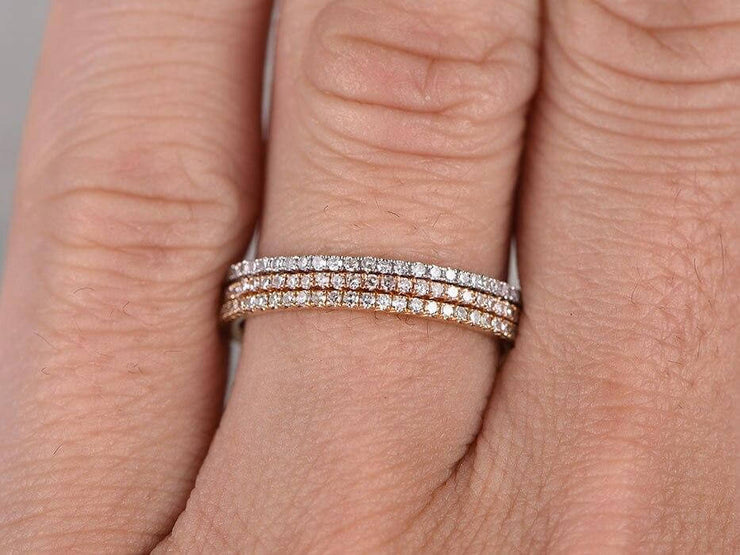 1.50 Carat 3 wedding Ring set Straight Wedding Band Stackable Ring set 10k Rose Gold and White Gold