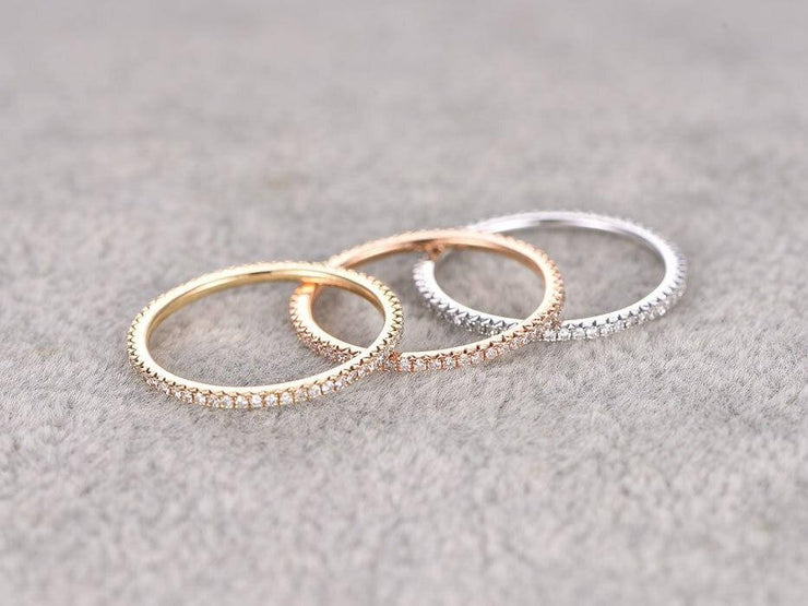 1.50 Carat 3 wedding Ring set Straight Wedding Band Stackable Ring set 10k Rose Gold and White Gold