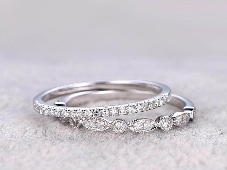 0.5 Carat 2 pcs Diamond Wedding Ring Set Stacking art deco wedding band Ring set 10k Wihte Gold