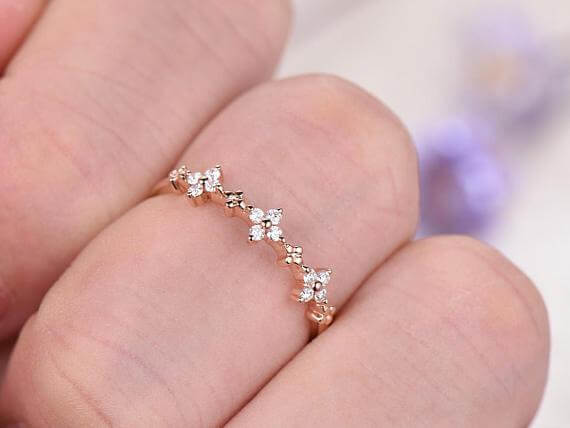0.50 Carat Diamond Wedding Ring Solid 10k Rose Gold Half Eternity Milgrain Floral Anniversary ring Promise Ring