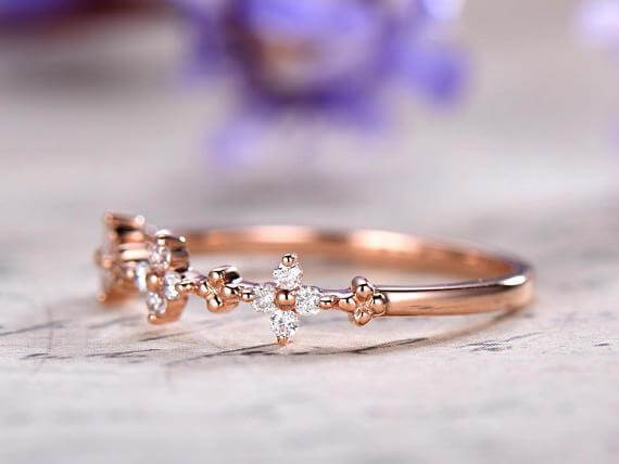 0.50 Carat Diamond Wedding Ring Solid 10k Rose Gold Half Eternity Milgrain Floral Anniversary ring Promise Ring