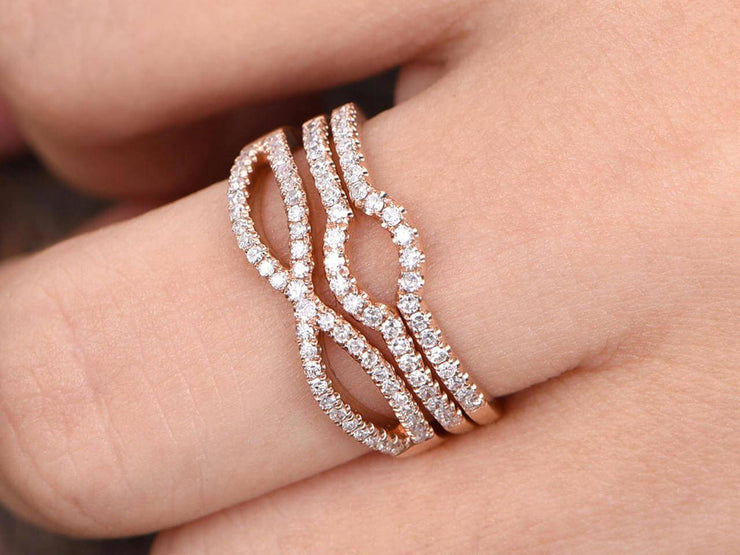 3 bridal ring set half eternity matching band split shank band curved U diamond wedding bands solid 10K rose gold