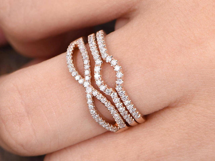 3 bridal ring set half eternity matching band split shank band curved U diamond wedding bands 