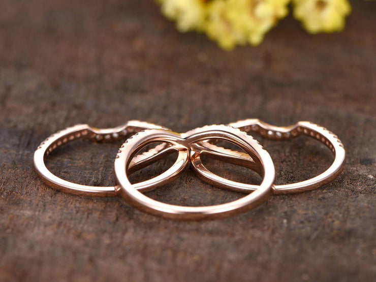 3 bridal ring set half eternity matching band split shank band curved U diamond wedding bands 